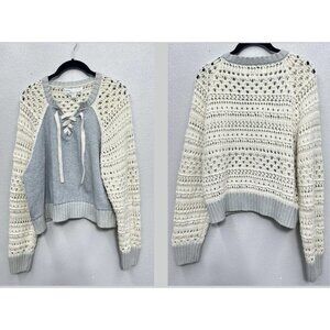 Vintage Havana Crochet Sweater Large Cropped Gray Beige Lace Up Boho Beach